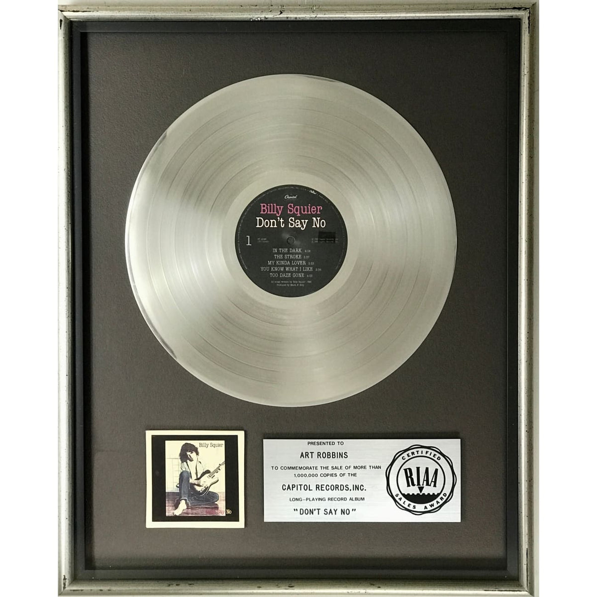 Billy Squier Don't Say No RIAA Platinum Album Award
