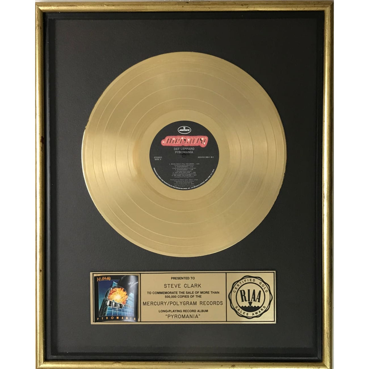 musicgoldmine.com - Def Leppard Pyromania RIAA Gold Album Award