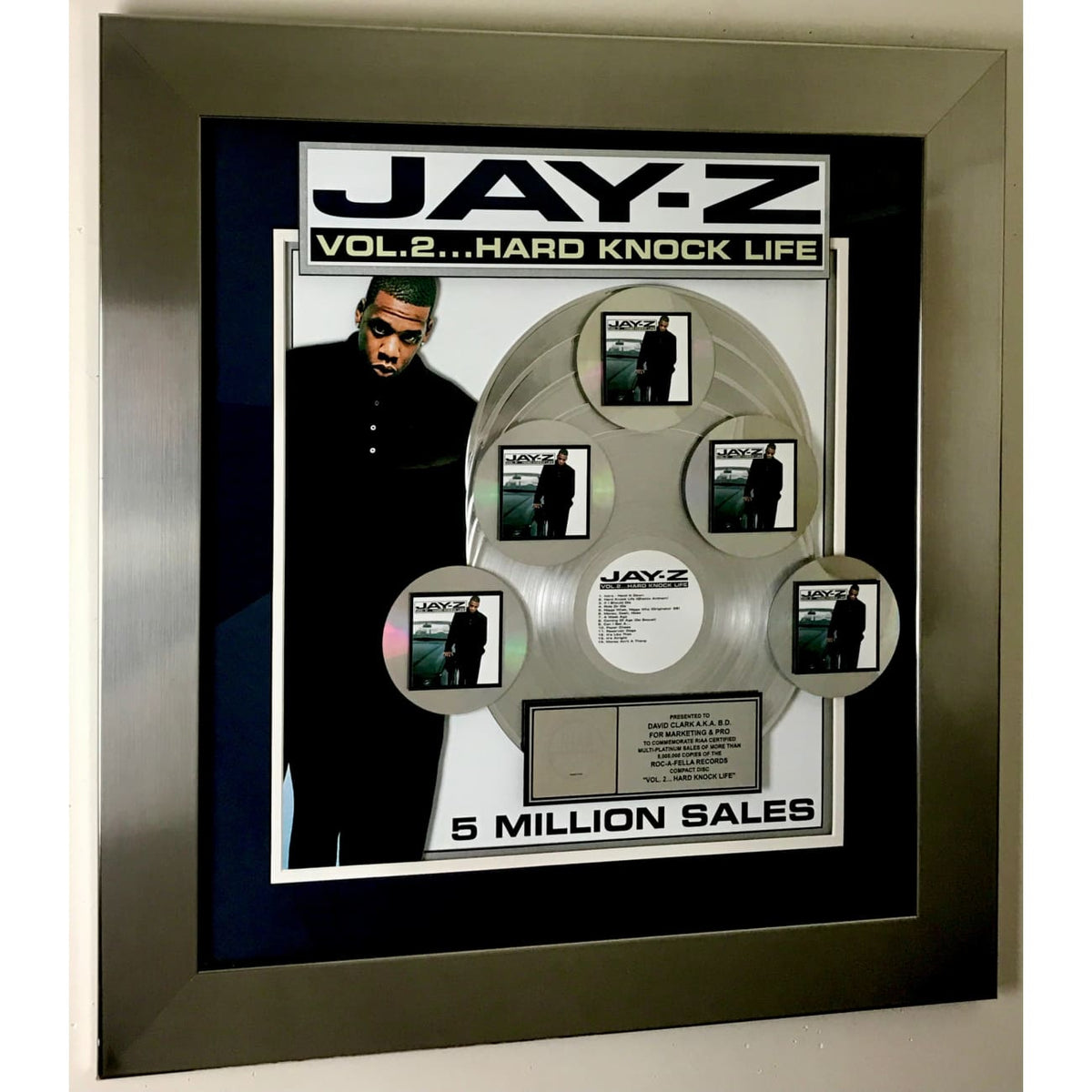 Jay-Z Vol. 2 Hard Knock Life RIAA 5x Multi-Platinum Album Award