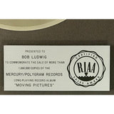 Rush Moving Pictures RIAA Platinum Album Award - Record Award