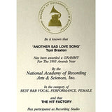Toni Braxton debut RIAA 8x Multi-Platinum Album Award + Grammy® Win Certificate Plaque - Record Award