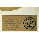 War All Day Music RIAA Gold LP Award presented to group member - RARE - Record Award