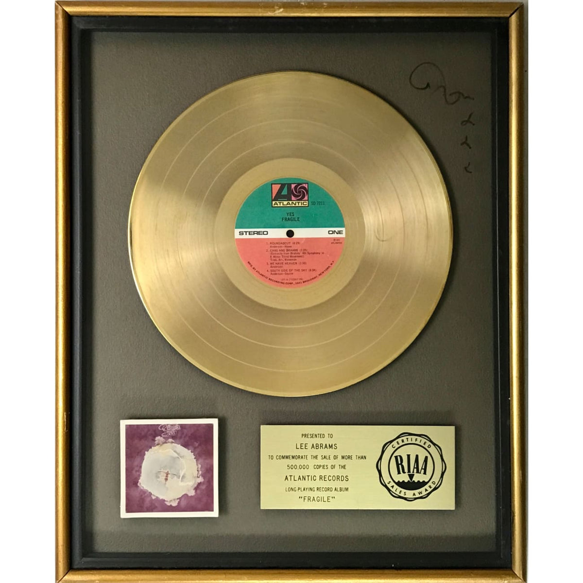 musicgoldmine.com - Yes Fragile RIAA Gold Album Award signed by