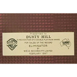 ZZ Top Eliminator 1987 ARIA Australian Double Platinum LP Award presented to Dusty Hill - RARE - Record Award