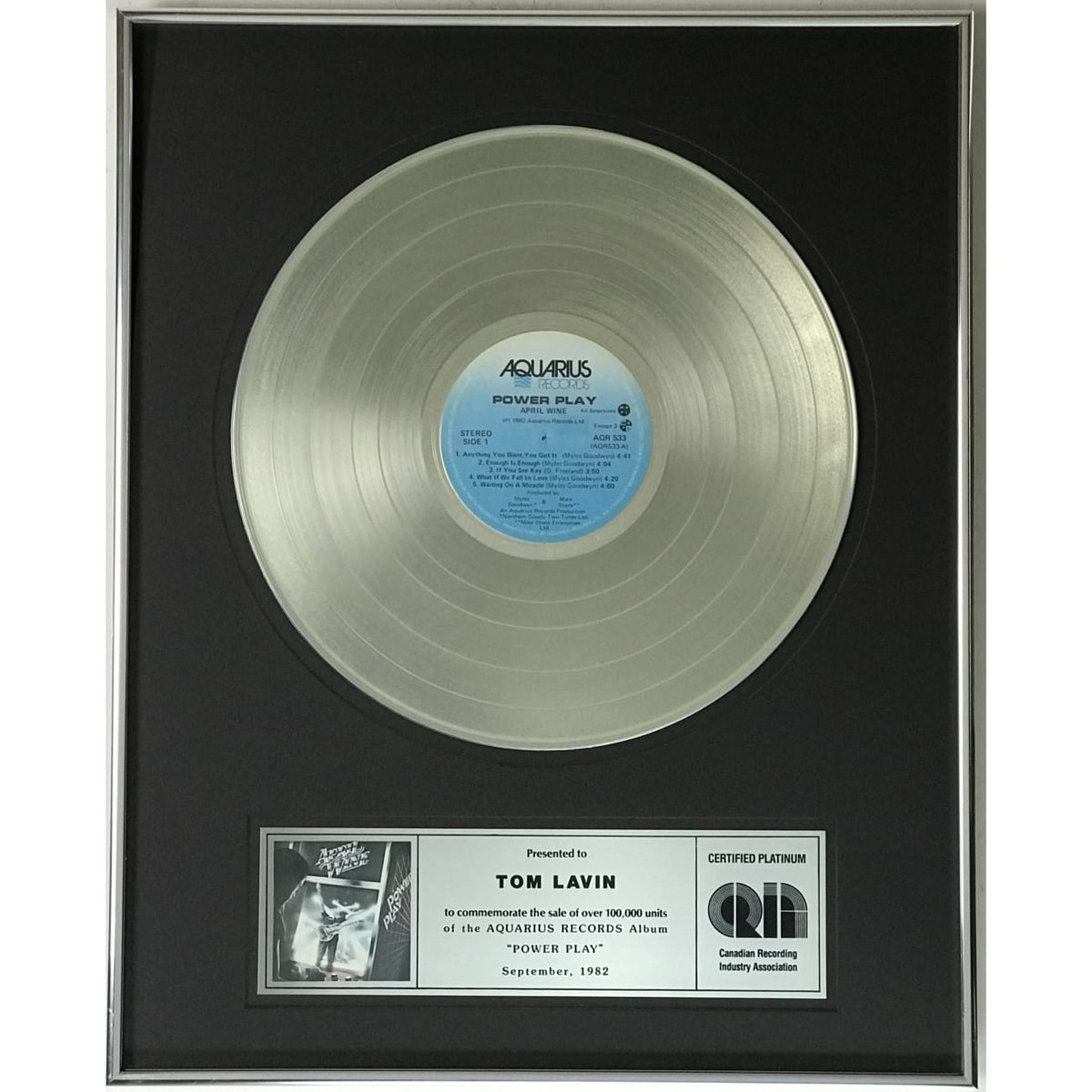 April Wine Power Play CRIA Platinum Album Award presented to Tom