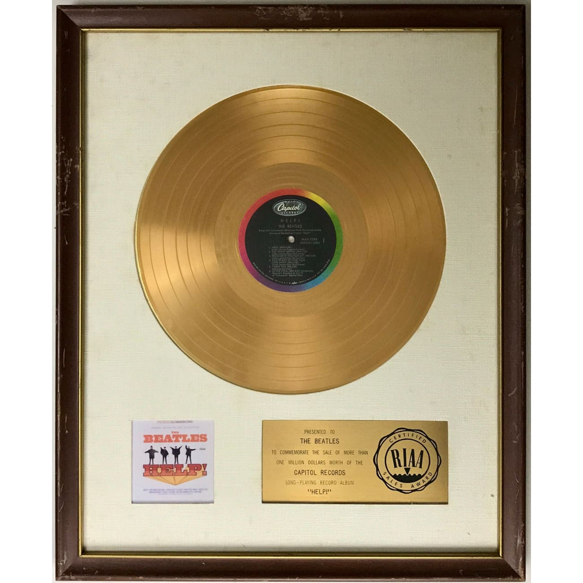 musicgoldmine.com - Beatles Help! White Matte RIAA Gold LP Award