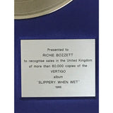 Bon Jovi Slippery When Wet 1986 UK Label Award - Record Award