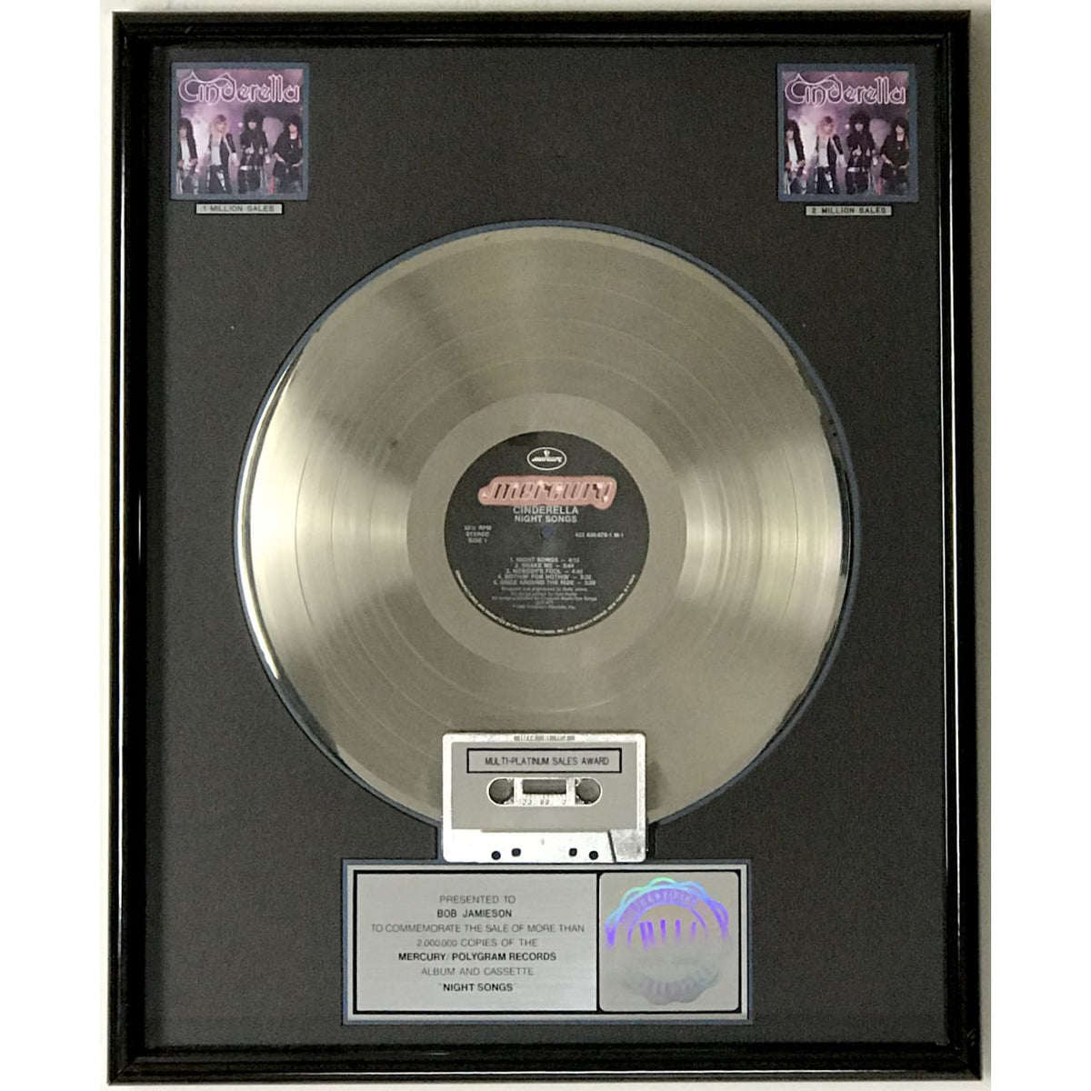 Cinderella Night Songs RIAA 2x Multi-Platinum Album Award