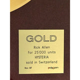 Def Leppard Hysteria Swiss Gold Award presented to Rick Allen - RARE - Record Award