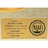 Elton John 1970 debut RIAA Gold LP Award presented to Mr/Mrs Taupin - RARE - Record Award