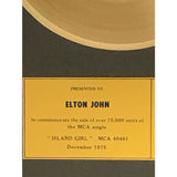 Elton John Island Girl CRIA Gold Single Award presented to Elton John - RARE - Record Award