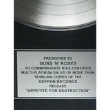 Guns N Roses Appetite For Destruction RIAA 18x Multi-Platinum Award presented to Guns N Roses - RARE
