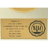 John Lennon Instant Karma RIAA White Matte Gold 45 Award presented to John Lennon - RARE - Record Award