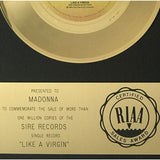 Madonna Like A Virgin RIAA Gold 45 Single Award presented to Madonna - RARE