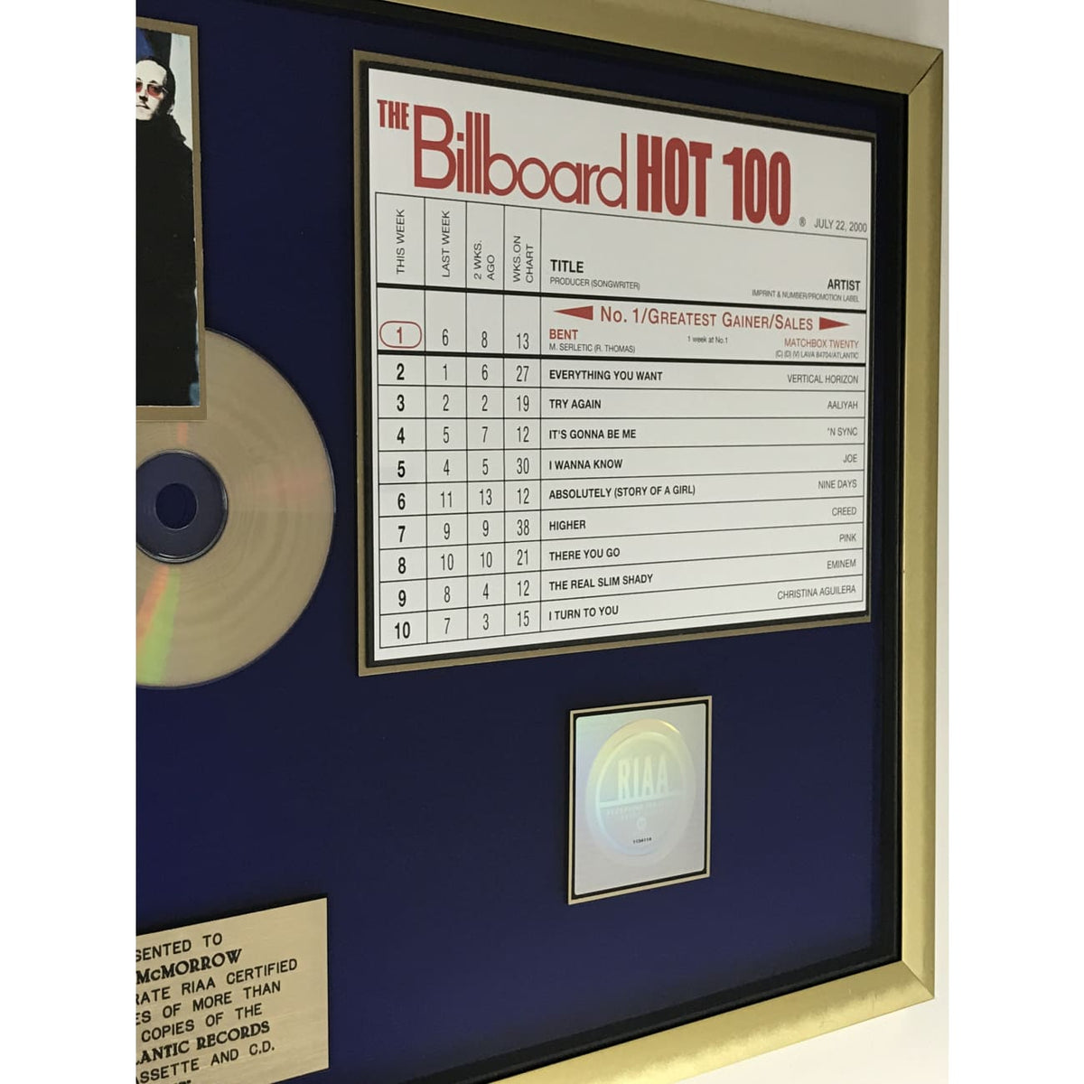 Matchbox 20 "Bent" RIAA Gold Single Award