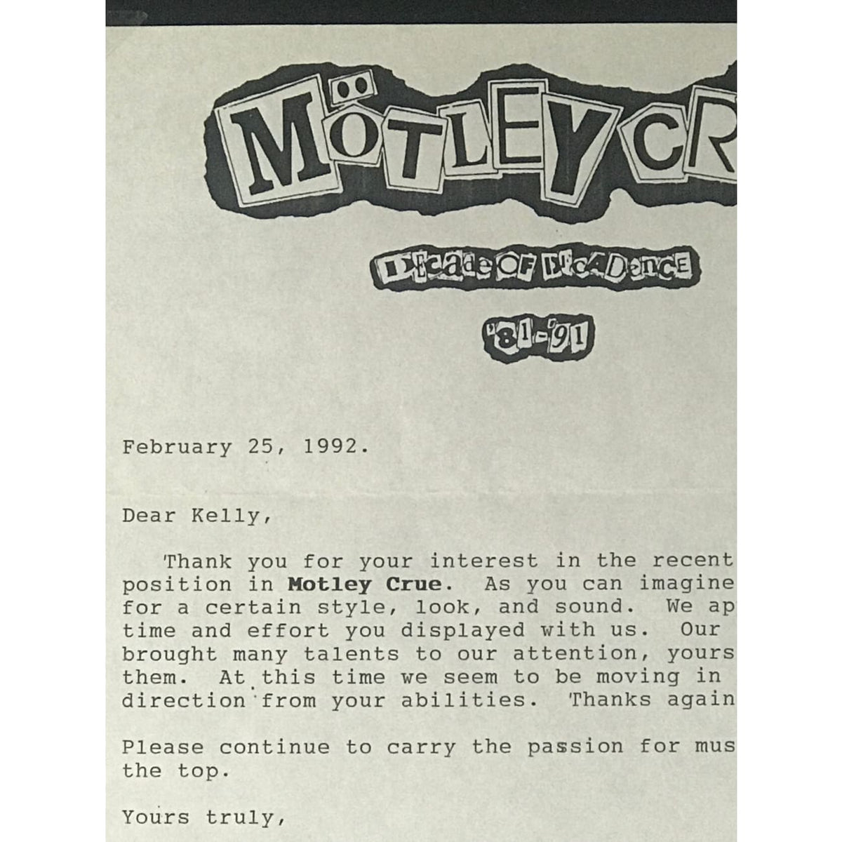 musicgoldmine.com - Mötley Crüe Signed 1992 Letter w/JSA LOA