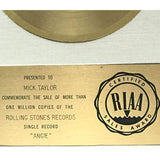 Rolling Stones Angie White Matte RIAA Gold 45 Award presented to Mick Taylor - RARE - Record Award
