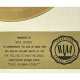Rolling Stones Exile On Main St. White Matte RIAA Gold Album Award presented to Mick Jagger - RARE - Record Award