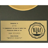 Styx Mr. Roboto RIAA Gold 45 Award presented to Styx - RARE - Record Award