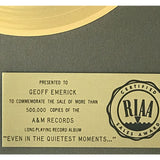 Supertramp Even In The Quietest Moments RIAA Gold LP Award presented to Beatles engineer Geoff Emerick - RARE - Record Award