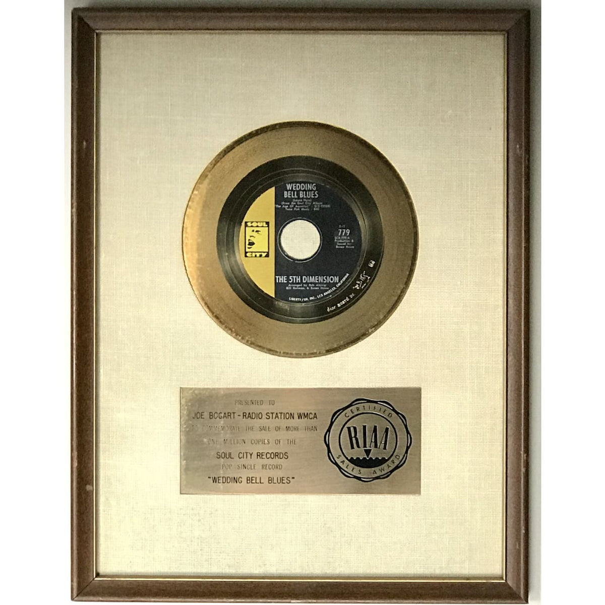 The 5th Dimension "Wedding Bell Blues" White Matte RIAA Gold 45 Award ...