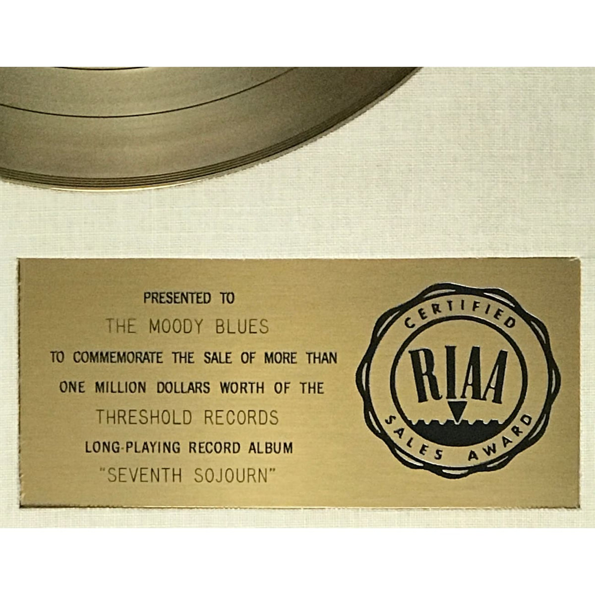 The Moody Blues Seventh Sojourn White Matte RIAA Gold LP Award presented to  The Moody Blues - RARE