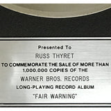 Van Halen Fair Warning RIAA Platinum Album Award - Record Award