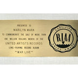 War Live White Matte RIAA Gold LP Award - RARE