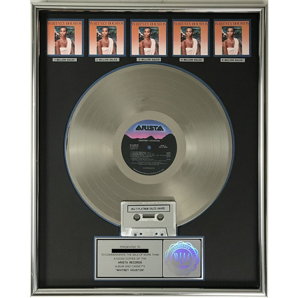 Whitney Houston ホイットニー Whitney RIAA 600万 Whitney Houston debut RIAA 5x Multi-Platinum Album Award