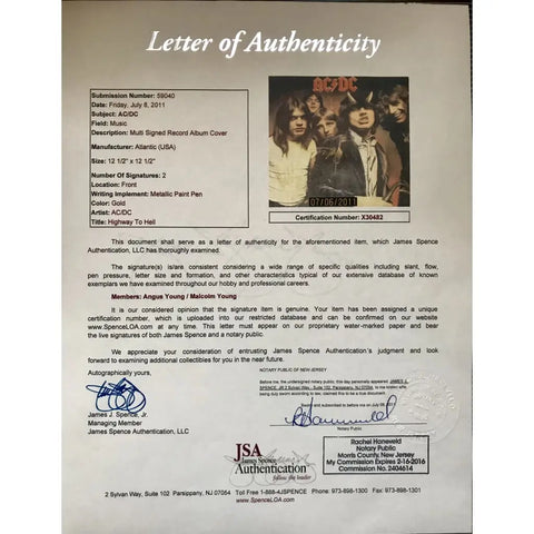 Letter of Authenticity from JSA