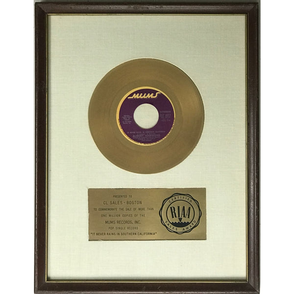 Albert Hammond It Never Rains In Southern California RIAA White Matte Gold 45 Award - RARE - Record Award