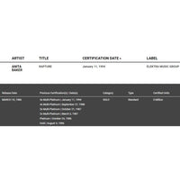 Anita Baker Rapture Label/RIAA 2x Multi-Platinum Album Award