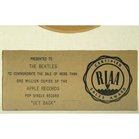 Beatles ’Get Back’ RIAA Gold 45 Award presented to The Beatles- RARE - Record Award