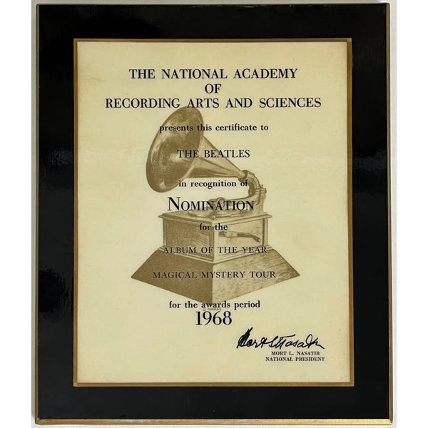Beatles Magical Mystery Tour 1968 Grammy Album Of The Year Nomination Plaque presented to The Beatles- RARE - Record Award