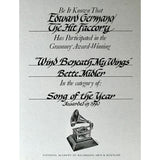 Bette Midler Bette Of Roses RIAA Gold Album Award + ’Wind Beneath My Wings’ Grammy Win Plaque - Record Award