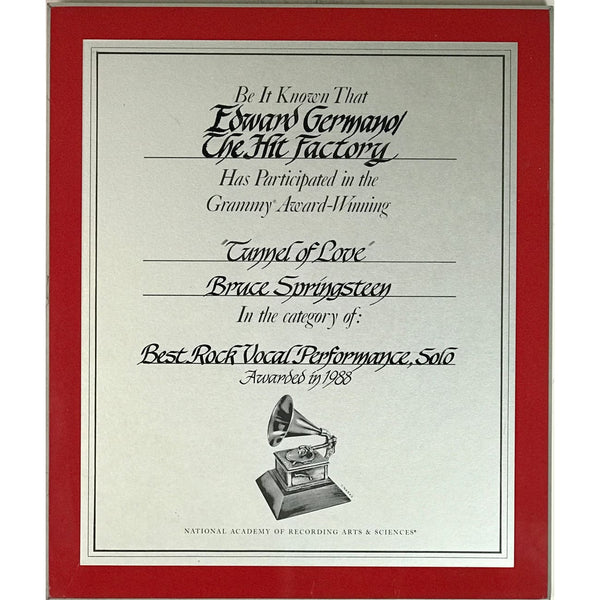 Bruce Springsteen ’Tunnel Of Love’ 1988 Grammy Win Studio Plaque - RARE - Record Award