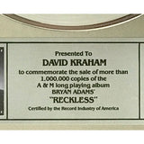 Bryan Adams Reckless A&M Records Award - Record Award