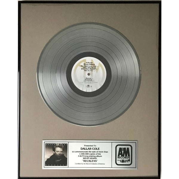 Bryan Adams Reckless A&M Records Award - Record Award