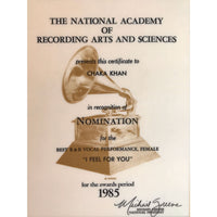 Chaka Khan 1985 Grammy Nomination Plaque For ’I Feel For You’ presented to Chaka Khan - RARE - Record Award