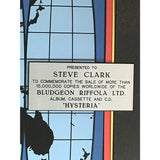 Def Leppard Hysteria 15M Sold Bludgeon Riffola Records Award presented to guitarist Steve Clark - RARE - Record Award