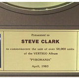 Def Leppard Pyromania CRIA Gold Album Award presented to guitarist Steve Clark - RARE - Record Award