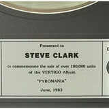 Def Leppard Pyromania CRIA Platinum Album Award presented to guitarist Steve Clark - RARE - Record Award