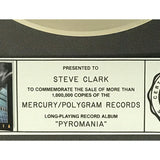 Def Leppard Pyromania RIAA Platinum Album Award presented to guitarist Steve Clark - RARE - Record Award
