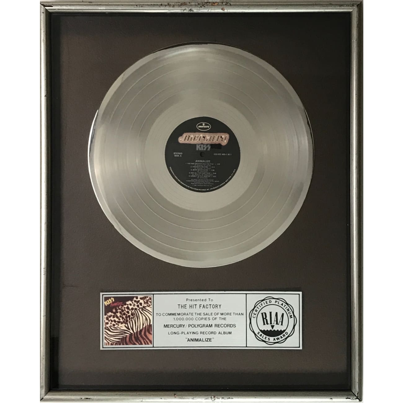 musicgoldmine.com - KISS Animalize RIAA Platinum Album Award