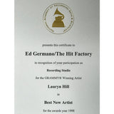 Lauryn Hill 1998 Best New Artist Grammy Win Studio Plaque - RARE - Record Award