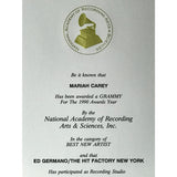Mariah Carey debut RIAA 5x Multi-Platinum Album Award + Grammy Win Certificate - Record Award