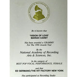 Mariah Carey ’Vision Of Love’ 1990 Grammy Win Studio Plaque - RARE - Record Award