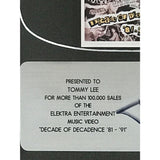 Mötley Crüe Decade Of Decadence ’81-’91 RIAA Platinum Video Award presented to & signed by Tommy Lee - RARE - Record Award