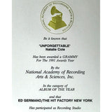 Natalie Cole Unforgettable With Love RIAA 2x Multi-Platinum Album Award + Grammy Album Of The Year Win Certificate - RARE - Record Award