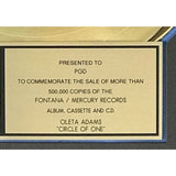 Oleta Adams Circle Of One RIAA Gold Album Award - Record Award